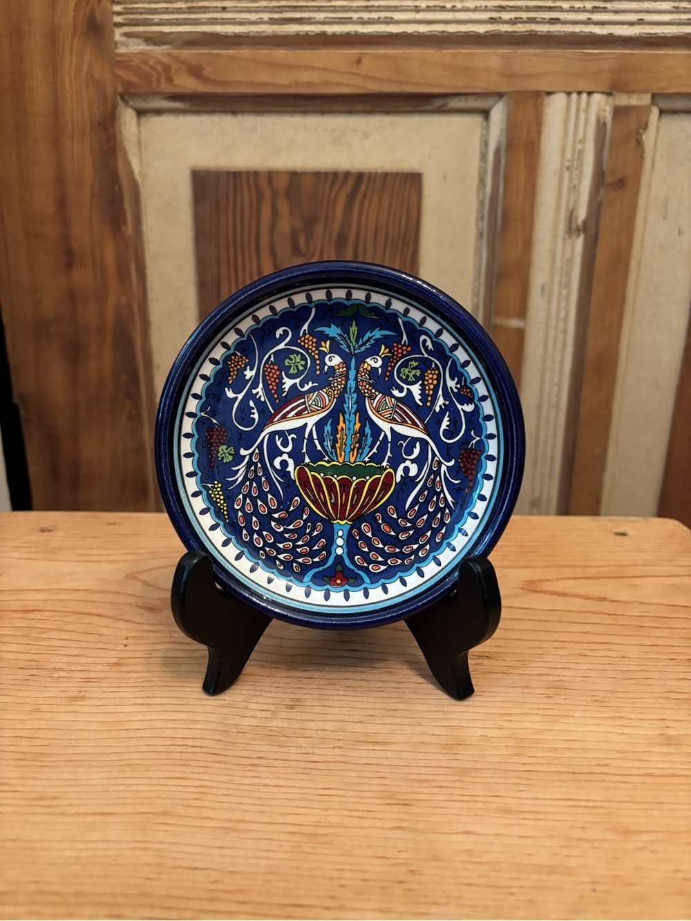 Hand-Painted Armenian Blue Decorative Ceramic Plate - Peacock Motif- 5” diameter